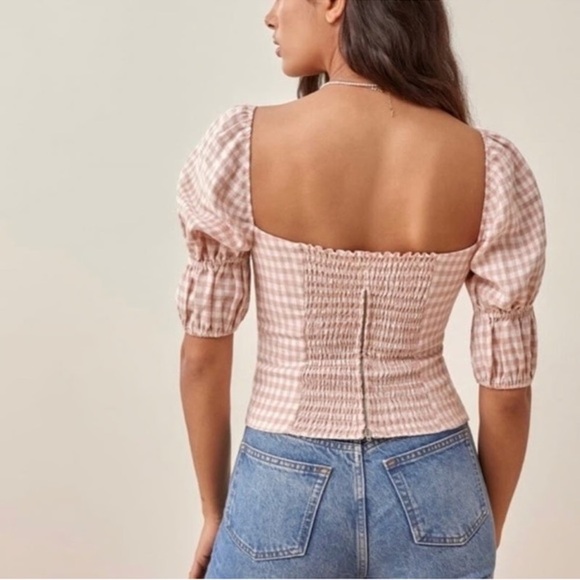 Reformation Norton Linen Top Size 2 Pink Gingham Puff Sleeve - Picture 3 of 6